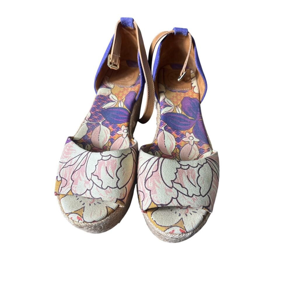 Tory Burch Rafia Woven Wedges with Floral Toe Sz 9
